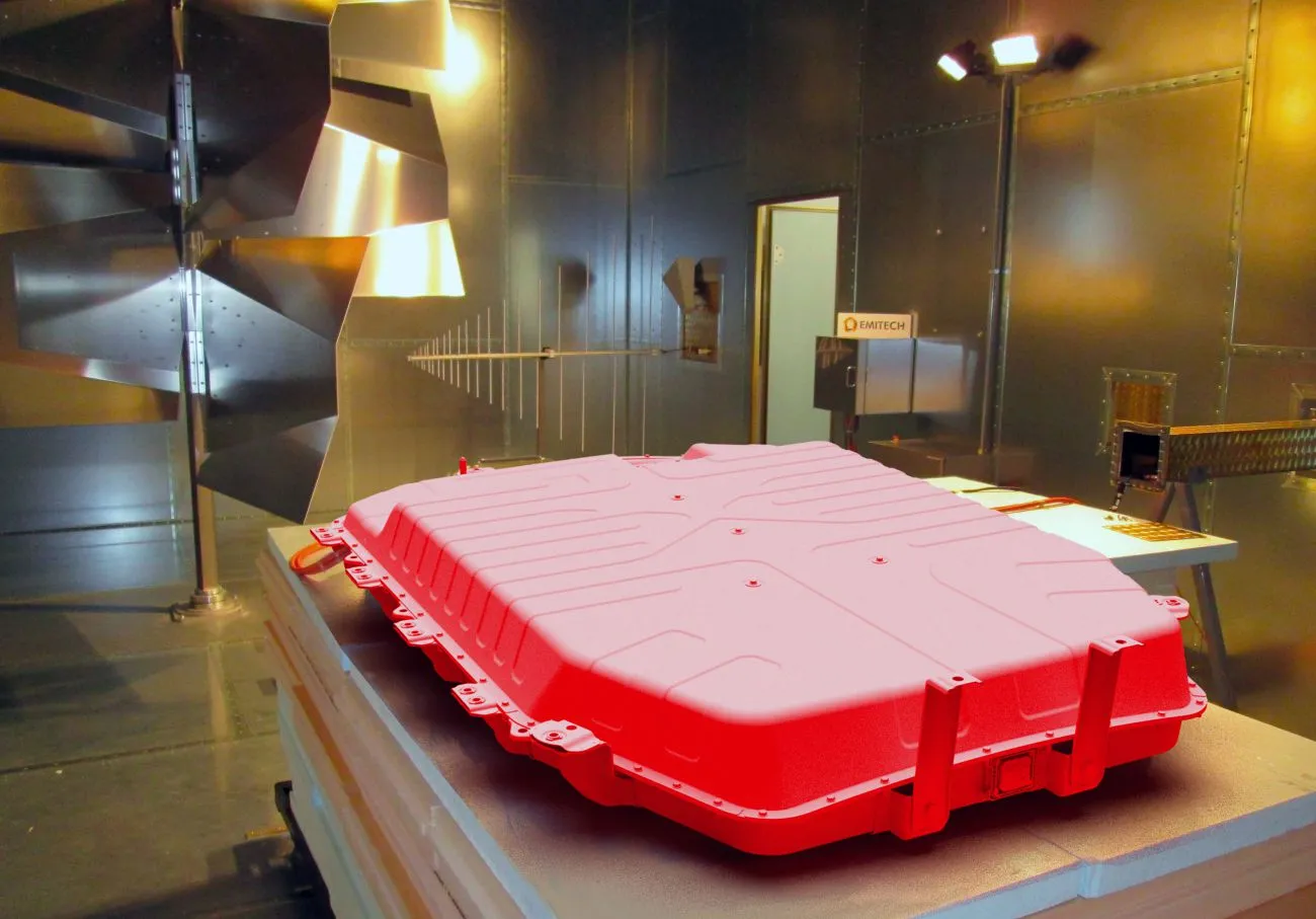 Illustration of a CRBM EMC test on a battery masked by a 3D model